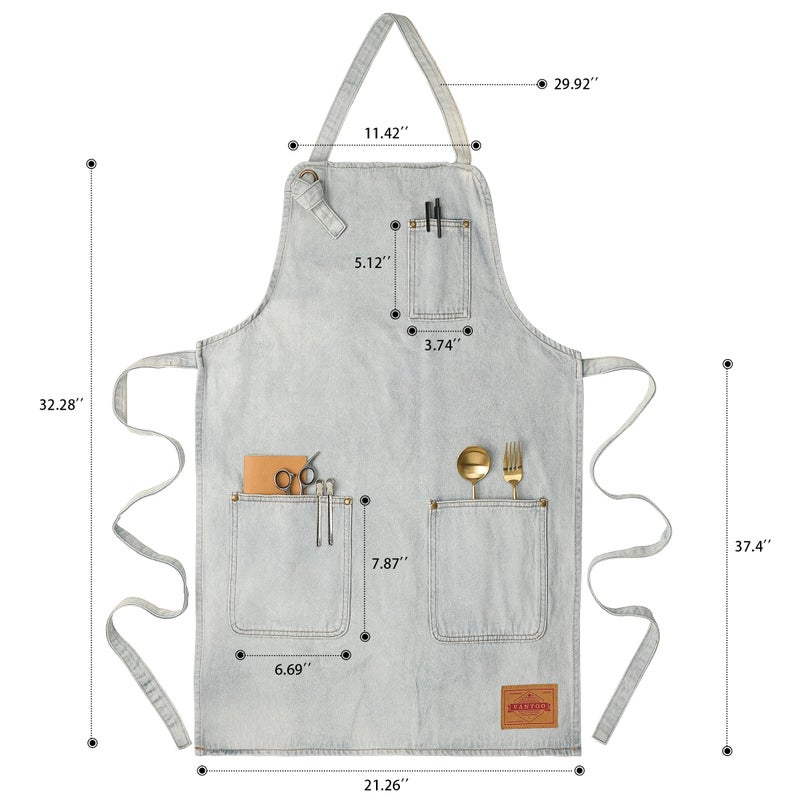 VANTOO Denim Chef Apron for Women with Pockets, Jean Waitress Server Kitchen Apron for Men Women Cooking Gardening Painting Hairstylist - Image 2